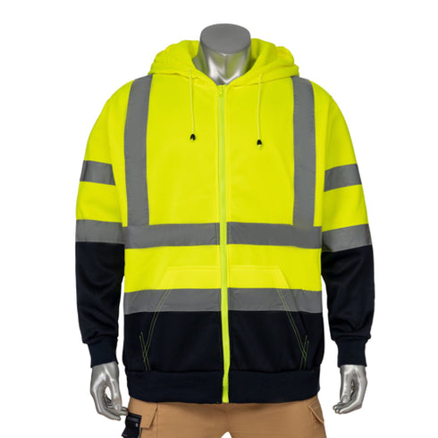 Color Block Reflective Tape Safety Zipper Hoodie With Kangaroo Pocket | Safety yellow